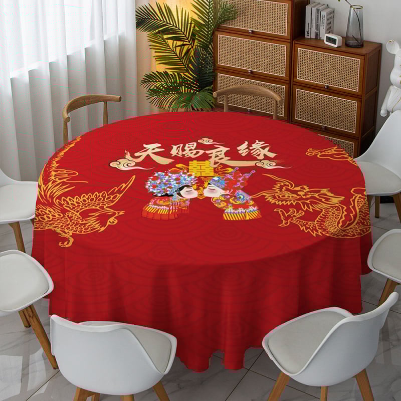 Kör alakú asztalterítő, 100% poliészter, porálló, égés elleni és hőszigetelő funkcióval, Minta: boldog szó, Stílus: új kínai stílus