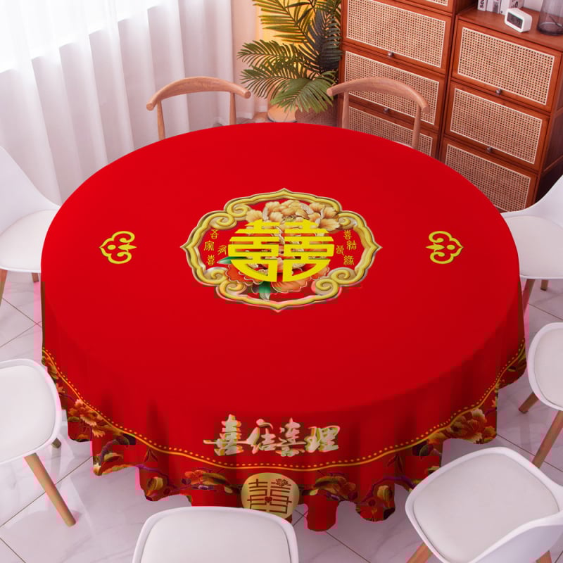 Kör alakú asztalterítő, 100% poliészter, porálló, égés elleni és hőszigetelő funkcióval, Minta: boldog szó, Stílus: új kínai stílus