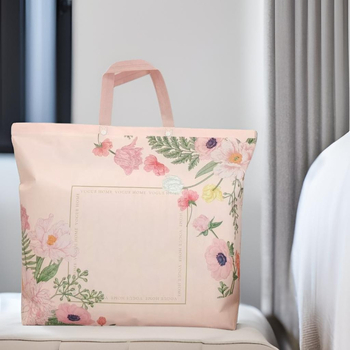 Laminuotos PP neausto audinio patalynės laikymo krepšys su logotipo spauda, silk-screen spausdinimas, snap uždarymas, dugnas ir šonai