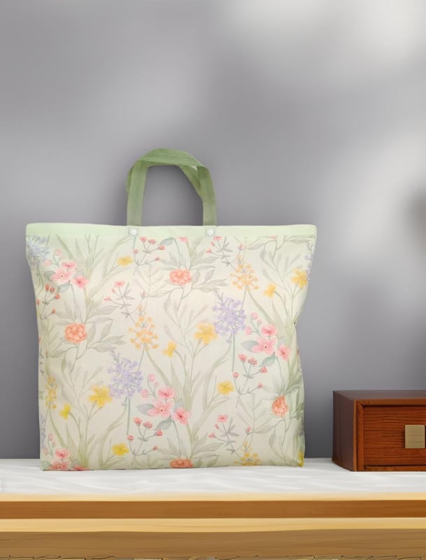 Laminuotos PP neausto audinio patalynės laikymo krepšys su logotipo spauda, silk-screen spausdinimas, snap uždarymas, dugnas ir šonai