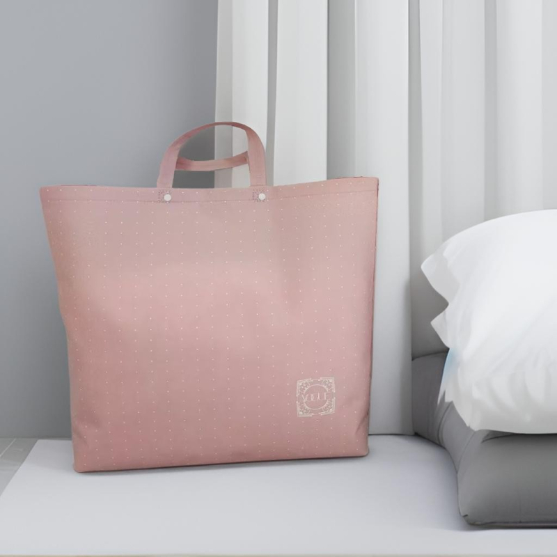 Laminuotos PP neausto audinio patalynės laikymo krepšys su logotipo spauda, silk-screen spausdinimas, snap uždarymas, dugnas ir šonai