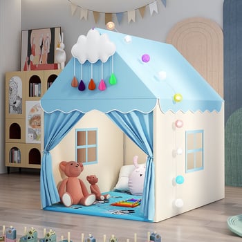 Iekštelpu bērnu telts spēļu māja – pils princeses dizains, trīsslāņaina konstrukcija, kokvilnas audumi, ūdensizturība zem 1000 mm