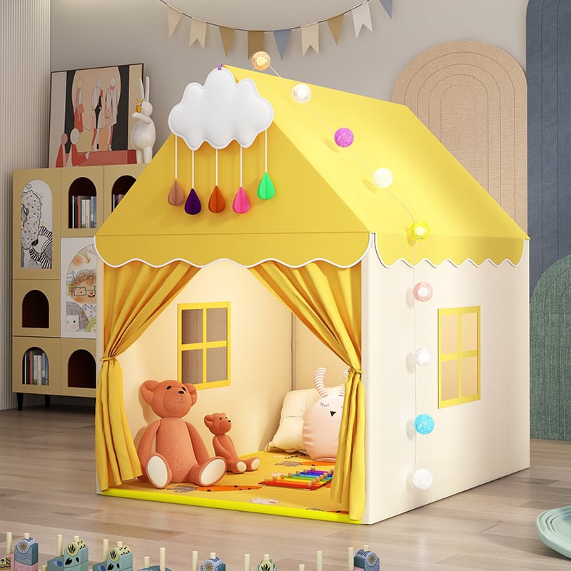 Iekštelpu bērnu telts spēļu māja – pils princeses dizains, trīsslāņaina konstrukcija, kokvilnas audumi, ūdensizturība zem 1000 mm