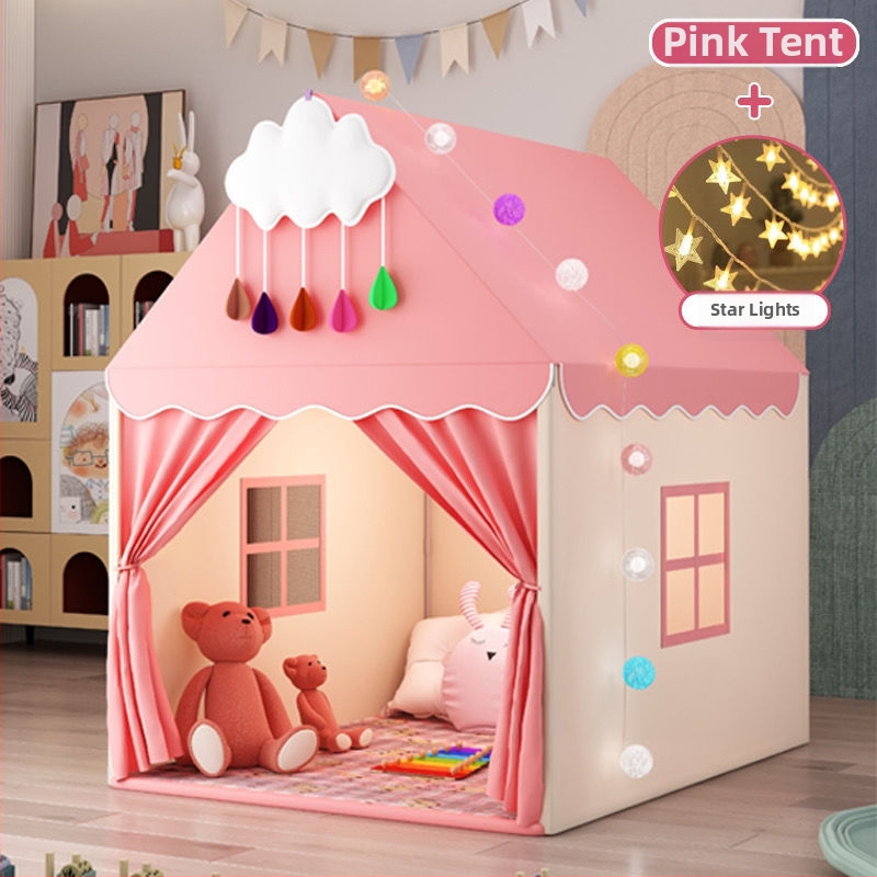 Iekštelpu bērnu telts spēļu māja – pils princeses dizains, trīsslāņaina konstrukcija, kokvilnas audumi, ūdensizturība zem 1000 mm