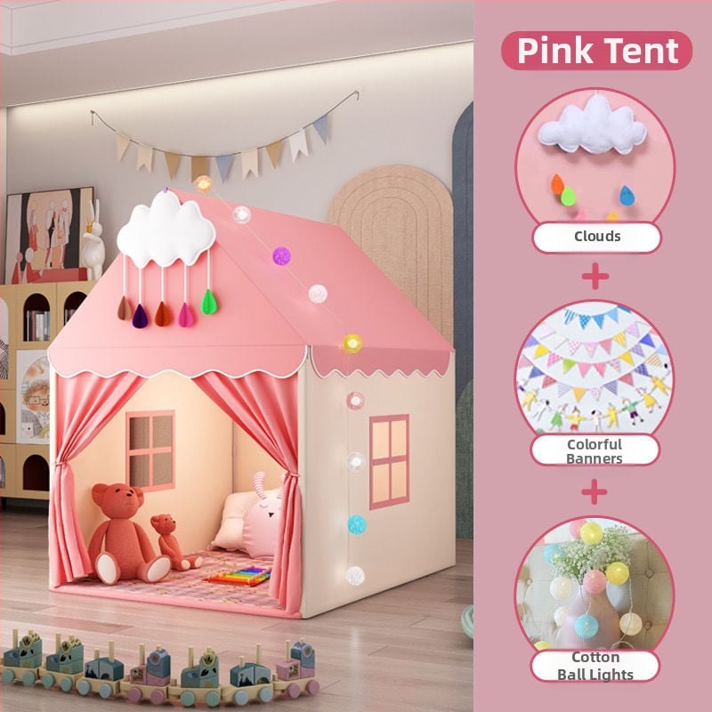 Iekštelpu bērnu telts spēļu māja – pils princeses dizains, trīsslāņaina konstrukcija, kokvilnas audumi, ūdensizturība zem 1000 mm