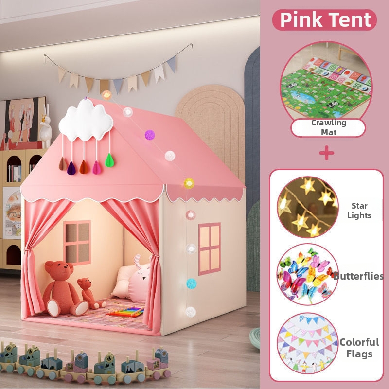 Iekštelpu bērnu telts spēļu māja – pils princeses dizains, trīsslāņaina konstrukcija, kokvilnas audumi, ūdensizturība zem 1000 mm