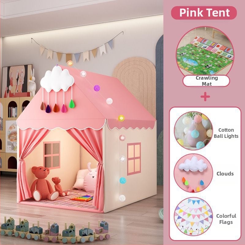 Iekštelpu bērnu telts spēļu māja – pils princeses dizains, trīsslāņaina konstrukcija, kokvilnas audumi, ūdensizturība zem 1000 mm