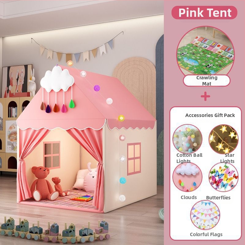 Iekštelpu bērnu telts spēļu māja – pils princeses dizains, trīsslāņaina konstrukcija, kokvilnas audumi, ūdensizturība zem 1000 mm