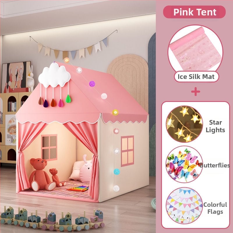 Iekštelpu bērnu telts spēļu māja – pils princeses dizains, trīsslāņaina konstrukcija, kokvilnas audumi, ūdensizturība zem 1000 mm
