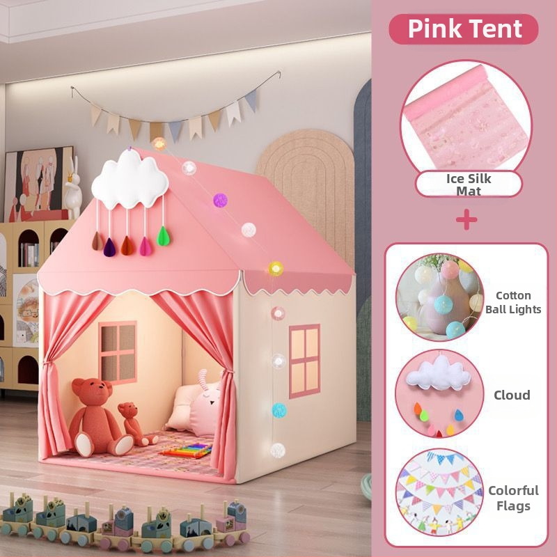 Iekštelpu bērnu telts spēļu māja – pils princeses dizains, trīsslāņaina konstrukcija, kokvilnas audumi, ūdensizturība zem 1000 mm