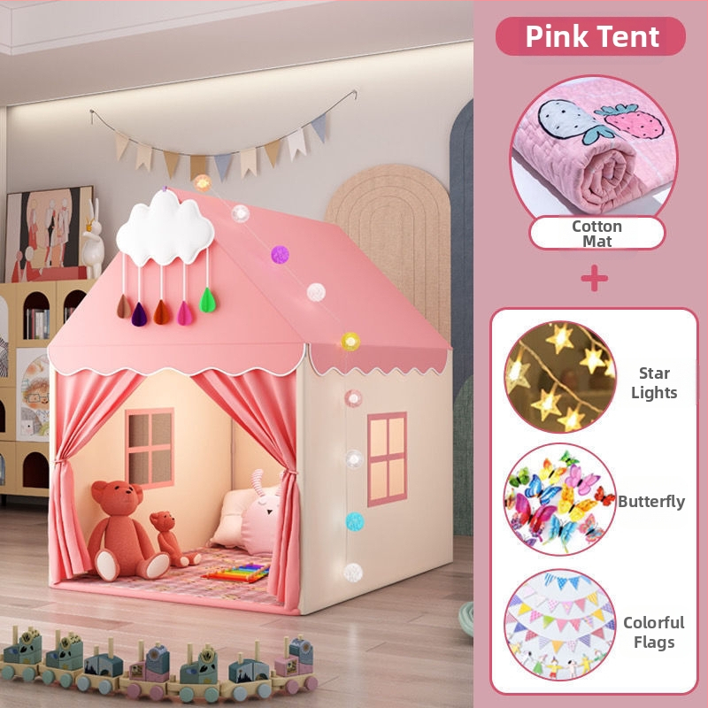 Iekštelpu bērnu telts spēļu māja – pils princeses dizains, trīsslāņaina konstrukcija, kokvilnas audumi, ūdensizturība zem 1000 mm