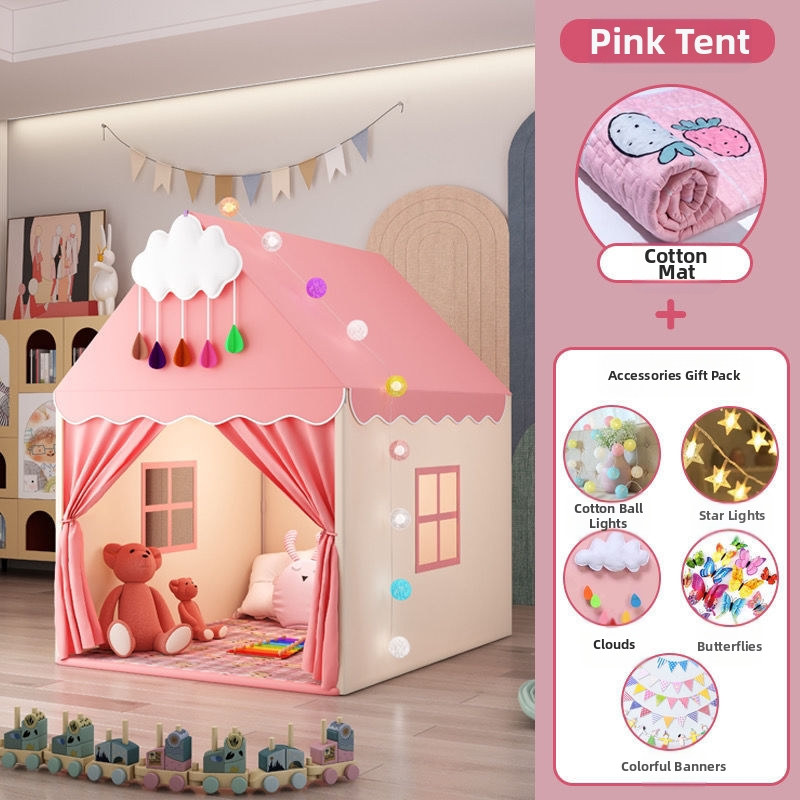 Iekštelpu bērnu telts spēļu māja – pils princeses dizains, trīsslāņaina konstrukcija, kokvilnas audumi, ūdensizturība zem 1000 mm