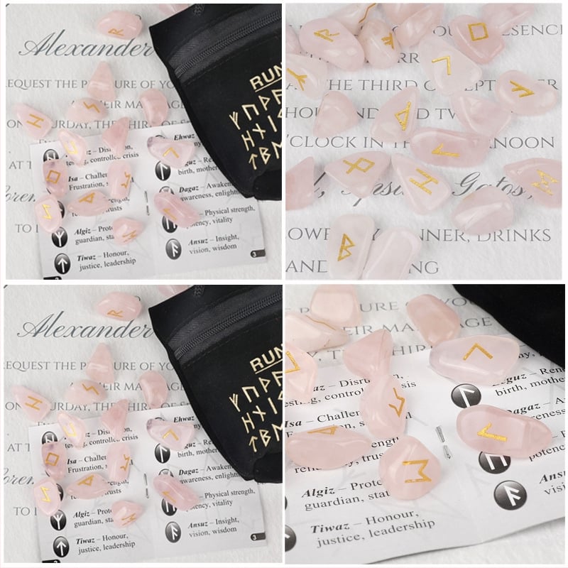 Dabīgs kristālu komplekts ar rozā kvarcu, mēness akmeni, ametistu un ahātu – ziemeļu rūnu akmeņi ar rūnu simboliem, ideāla dāvana dzimšanas dienā