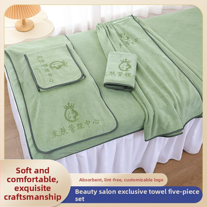 Sada uterákov pre kozmetický salón – päť dielov, mikrovlákové uteráky, obsahuje veľké uteráky na posteľ a uterák na hlavu, prispôsobenie a tlač loga k dispozícii, hmotnosti 70/150/180/500/600 g