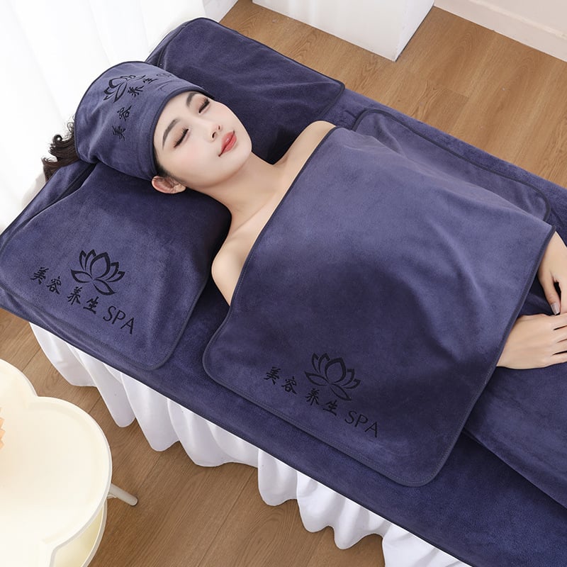 Szépségszalon törölközőkészlet – öt darabos, mikroszálas törölközők, tartalmaz nagy ágyneműtörölközőt és fejkendő-törölközőt, testreszabás és logónyomás elérhető, grammsúly 70/150/180/500/600 g