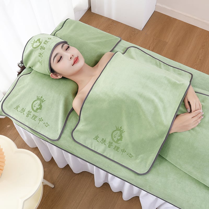 Szépségszalon törölközőkészlet – öt darabos, mikroszálas törölközők, tartalmaz nagy ágyneműtörölközőt és fejkendő-törölközőt, testreszabás és logónyomás elérhető, grammsúly 70/150/180/500/600 g