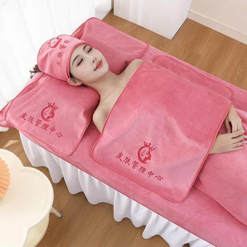 Szépségszalon törölközőkészlet – öt darabos, mikroszálas törölközők, tartalmaz nagy ágyneműtörölközőt és fejkendő-törölközőt, testreszabás és logónyomás elérhető, grammsúly 70/150/180/500/600 g