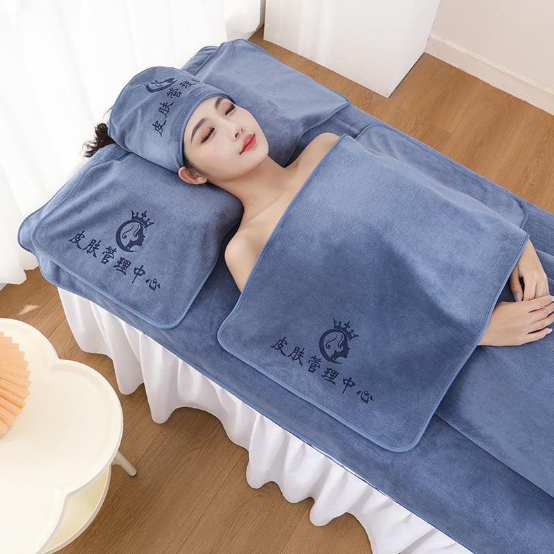 Szépségszalon törölközőkészlet – öt darabos, mikroszálas törölközők, tartalmaz nagy ágyneműtörölközőt és fejkendő-törölközőt, testreszabás és logónyomás elérhető, grammsúly 70/150/180/500/600 g