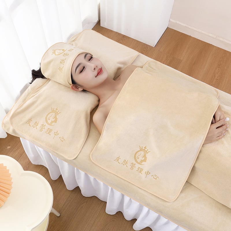 Szépségszalon törölközőkészlet – öt darabos, mikroszálas törölközők, tartalmaz nagy ágyneműtörölközőt és fejkendő-törölközőt, testreszabás és logónyomás elérhető, grammsúly 70/150/180/500/600 g