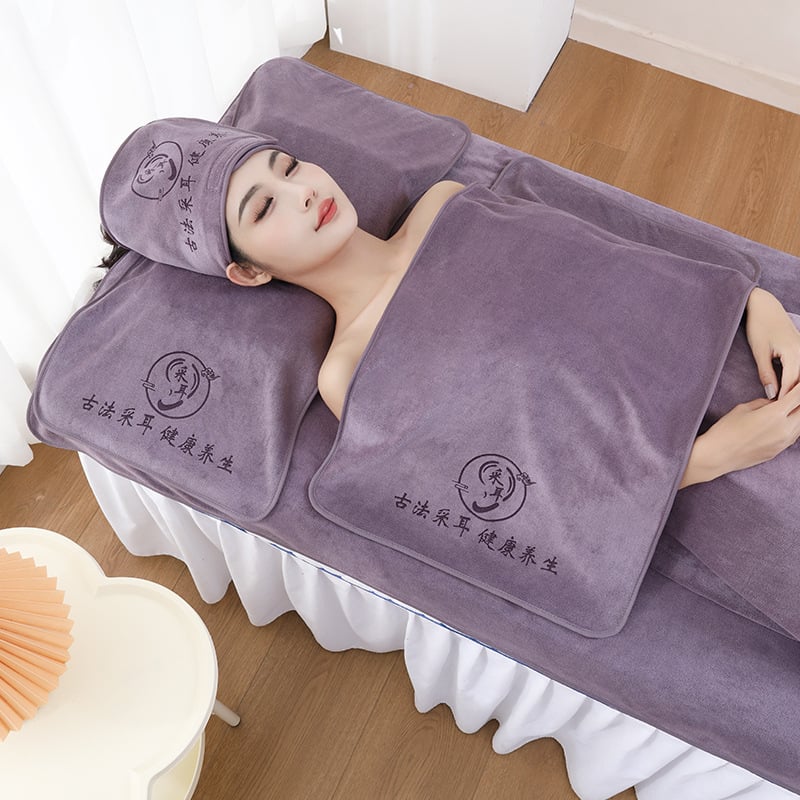 Szépségszalon törölközőkészlet – öt darabos, mikroszálas törölközők, tartalmaz nagy ágyneműtörölközőt és fejkendő-törölközőt, testreszabás és logónyomás elérhető, grammsúly 70/150/180/500/600 g