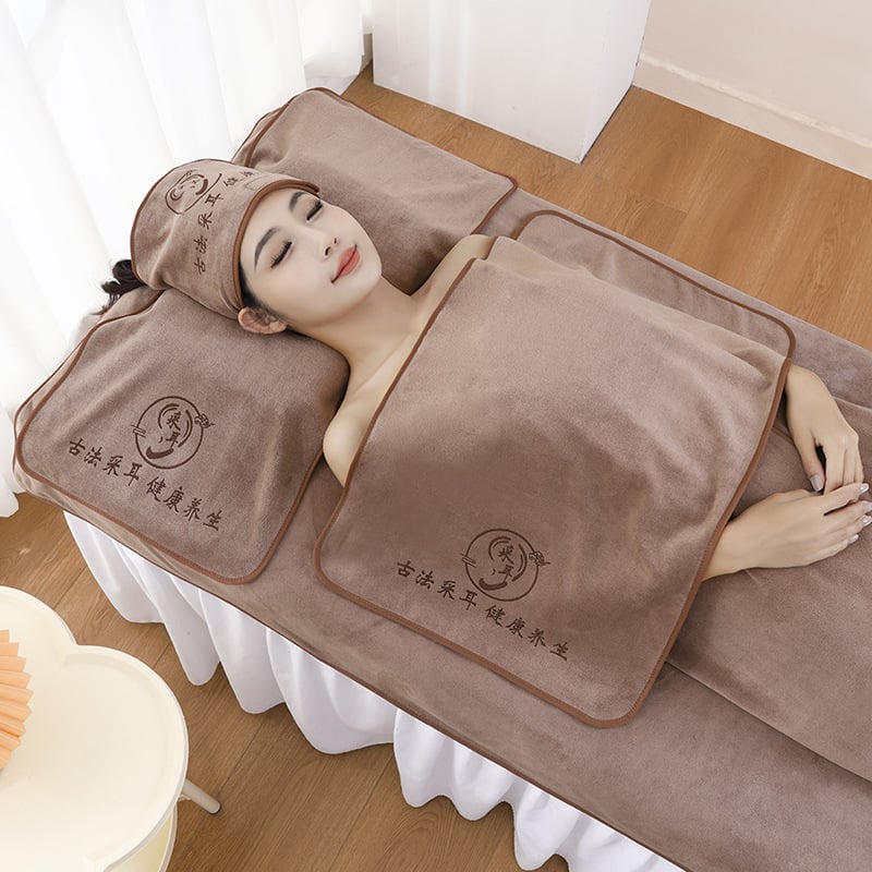 Szépségszalon törölközőkészlet – öt darabos, mikroszálas törölközők, tartalmaz nagy ágyneműtörölközőt és fejkendő-törölközőt, testreszabás és logónyomás elérhető, grammsúly 70/150/180/500/600 g