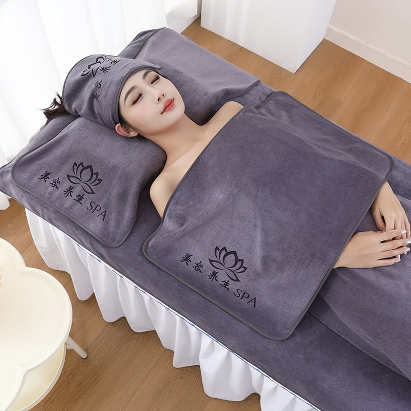 Szépségszalon törölközőkészlet – öt darabos, mikroszálas törölközők, tartalmaz nagy ágyneműtörölközőt és fejkendő-törölközőt, testreszabás és logónyomás elérhető, grammsúly 70/150/180/500/600 g