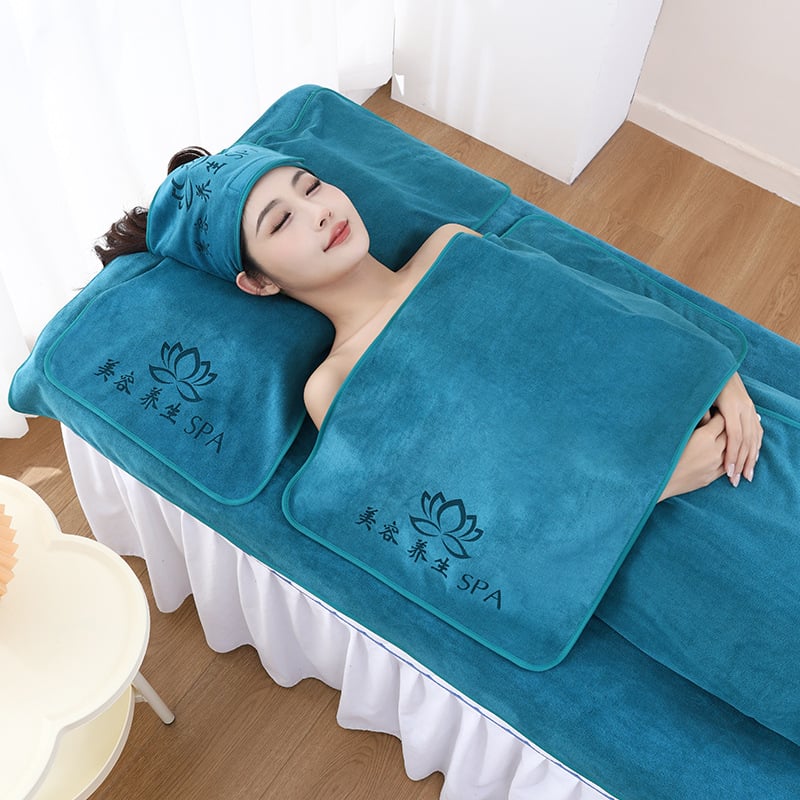 Szépségszalon törölközőkészlet – öt darabos, mikroszálas törölközők, tartalmaz nagy ágyneműtörölközőt és fejkendő-törölközőt, testreszabás és logónyomás elérhető, grammsúly 70/150/180/500/600 g