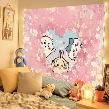 Chiikawa pūkaina tapiserija ar mīļu animācijas tēlu, kokvilnas maisījums 30–40%, INS stils, dzīvojamās istabas sienu dekors
