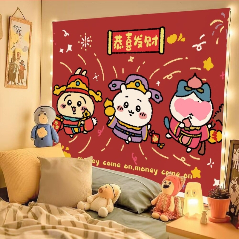 Chiikawa pūkaina tapiserija ar mīļu animācijas tēlu, kokvilnas maisījums 30–40%, INS stils, dzīvojamās istabas sienu dekors