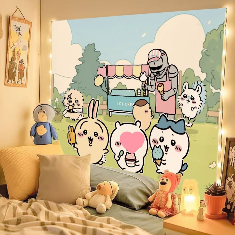 Chiikawa pūkaina tapiserija ar mīļu animācijas tēlu, kokvilnas maisījums 30–40%, INS stils, dzīvojamās istabas sienu dekors