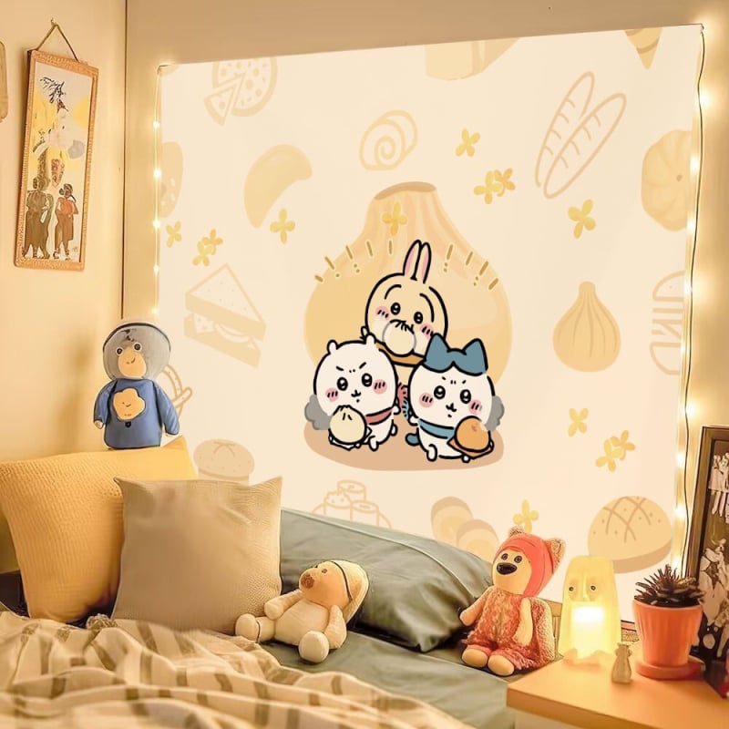 Chiikawa pūkaina tapiserija ar mīļu animācijas tēlu, kokvilnas maisījums 30–40%, INS stils, dzīvojamās istabas sienu dekors