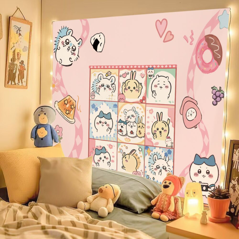 Chiikawa pūkaina tapiserija ar mīļu animācijas tēlu, kokvilnas maisījums 30–40%, INS stils, dzīvojamās istabas sienu dekors