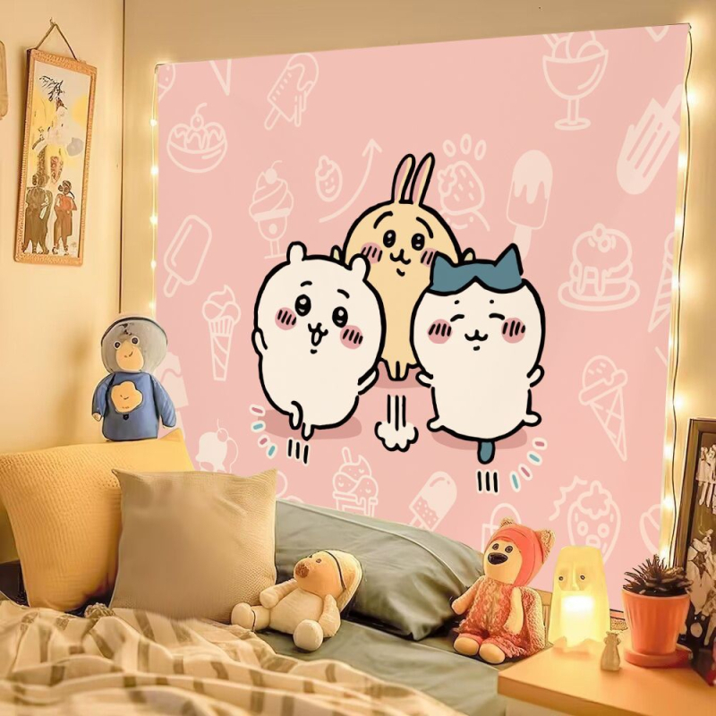 Chiikawa pūkaina tapiserija ar mīļu animācijas tēlu, kokvilnas maisījums 30–40%, INS stils, dzīvojamās istabas sienu dekors