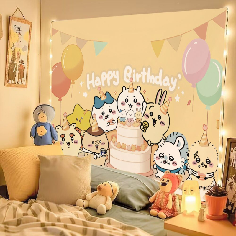 Chiikawa pūkaina tapiserija ar mīļu animācijas tēlu, kokvilnas maisījums 30–40%, INS stils, dzīvojamās istabas sienu dekors
