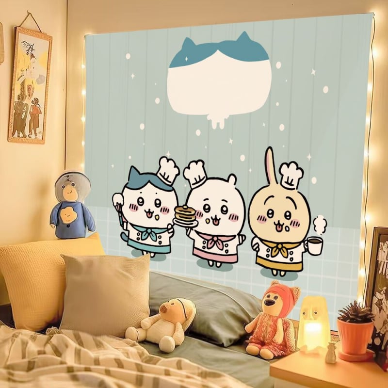 Chiikawa pūkaina tapiserija ar mīļu animācijas tēlu, kokvilnas maisījums 30–40%, INS stils, dzīvojamās istabas sienu dekors