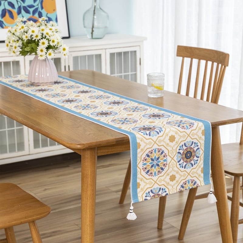 Steag de masă decorativ, inspirat de stil nordic, țesătură imprimată, ciucuri (Material: Țesătură; Componenta principală a țesăturii: Bumbac; Componenta secundară: Poliester; Stil: Simplitate modernă; Personalizare: Da)