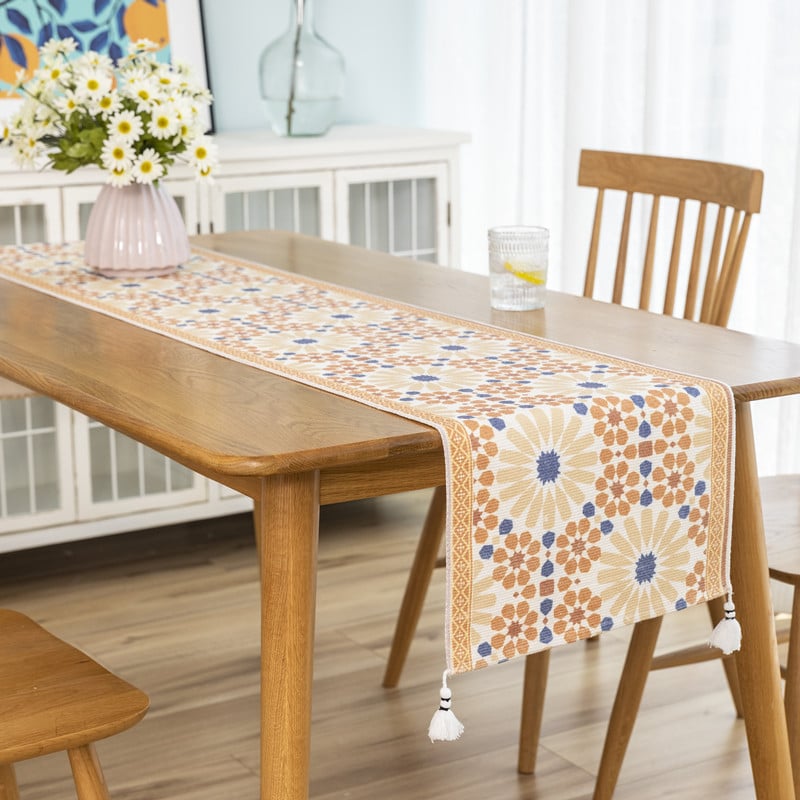 Steag de masă decorativ, inspirat de stil nordic, țesătură imprimată, ciucuri (Material: Țesătură; Componenta principală a țesăturii: Bumbac; Componenta secundară: Poliester; Stil: Simplitate modernă; Personalizare: Da)