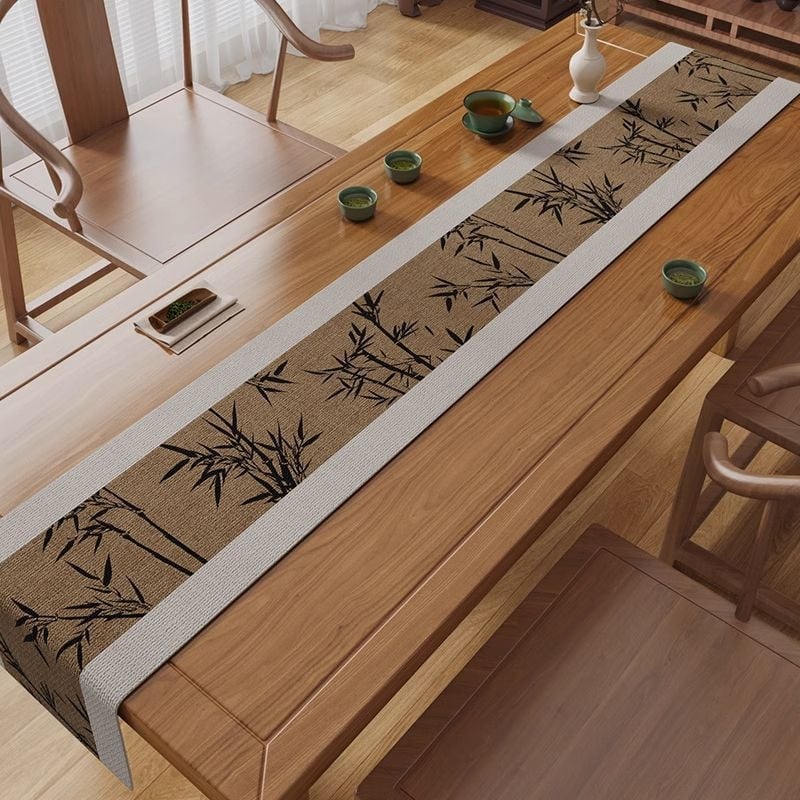 Steag de masă pentru ceai - Zen, impermeabil covoraș pentru masă de ceai, poliester cu nylon, model cu plante, stil chinezesc