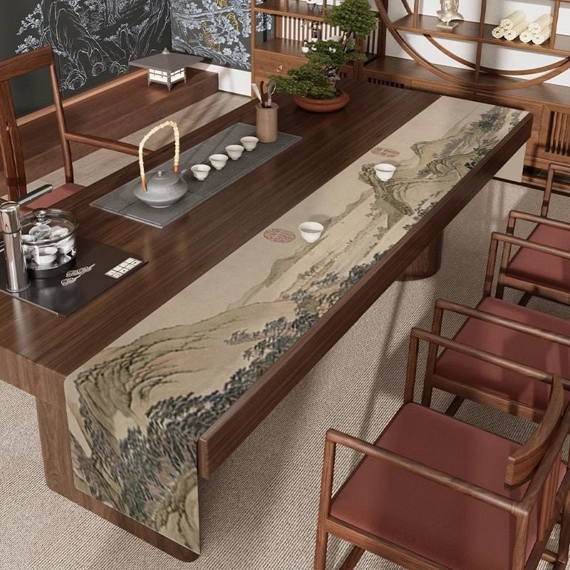 Steag de masă pentru ceai - Zen, impermeabil covoraș pentru masă de ceai, poliester cu nylon, model cu plante, stil chinezesc