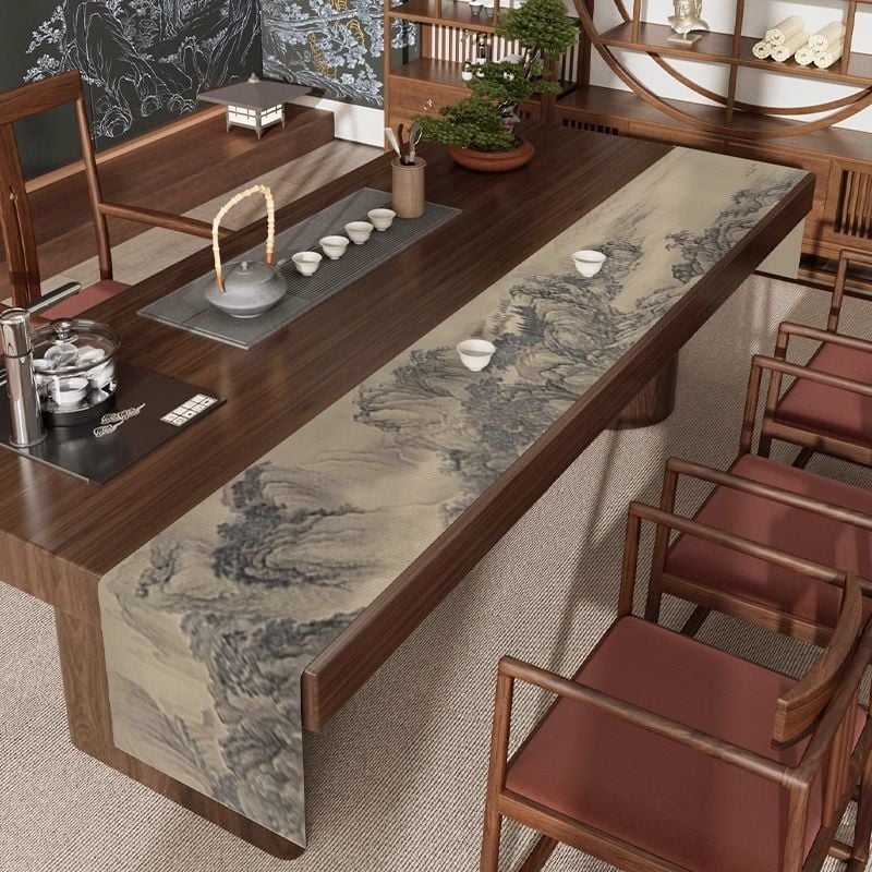 Steag de masă pentru ceai - Zen, impermeabil covoraș pentru masă de ceai, poliester cu nylon, model cu plante, stil chinezesc