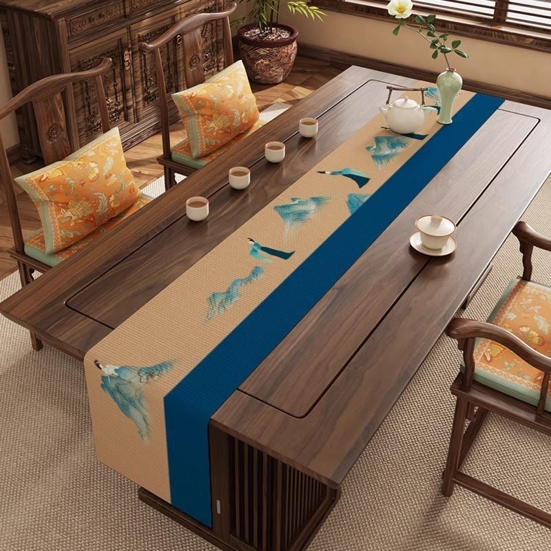 Steag de masă pentru ceai - Zen, impermeabil covoraș pentru masă de ceai, poliester cu nylon, model cu plante, stil chinezesc