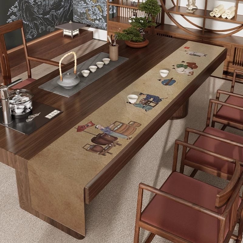 Steag de masă pentru ceai - Zen, impermeabil covoraș pentru masă de ceai, poliester cu nylon, model cu plante, stil chinezesc