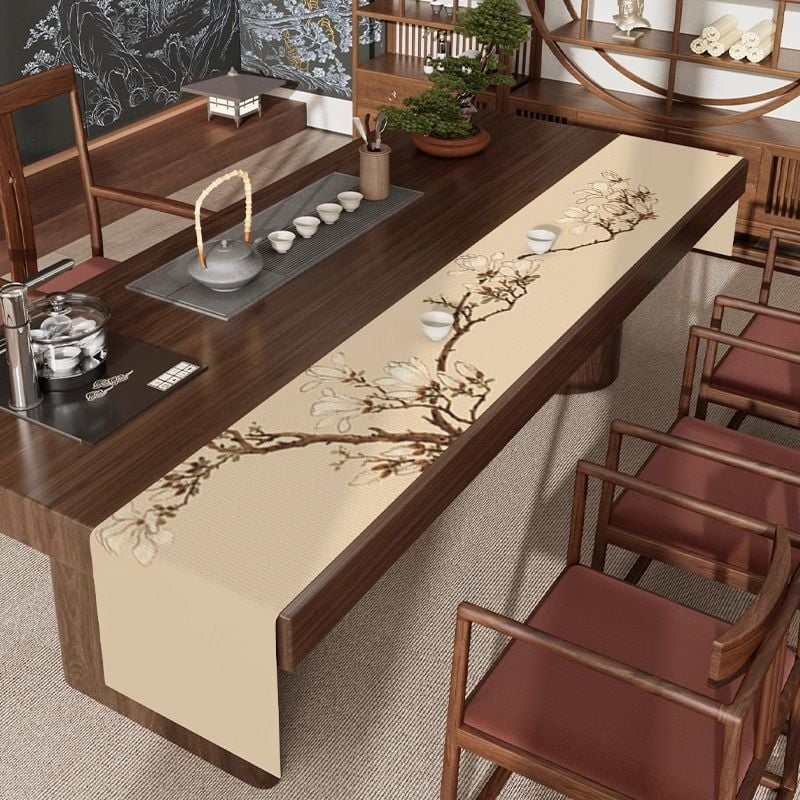 Steag de masă pentru ceai - Zen, impermeabil covoraș pentru masă de ceai, poliester cu nylon, model cu plante, stil chinezesc