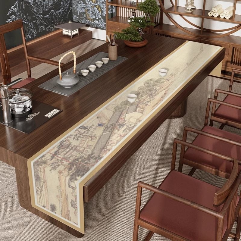 Steag de masă pentru ceai - Zen, impermeabil covoraș pentru masă de ceai, poliester cu nylon, model cu plante, stil chinezesc