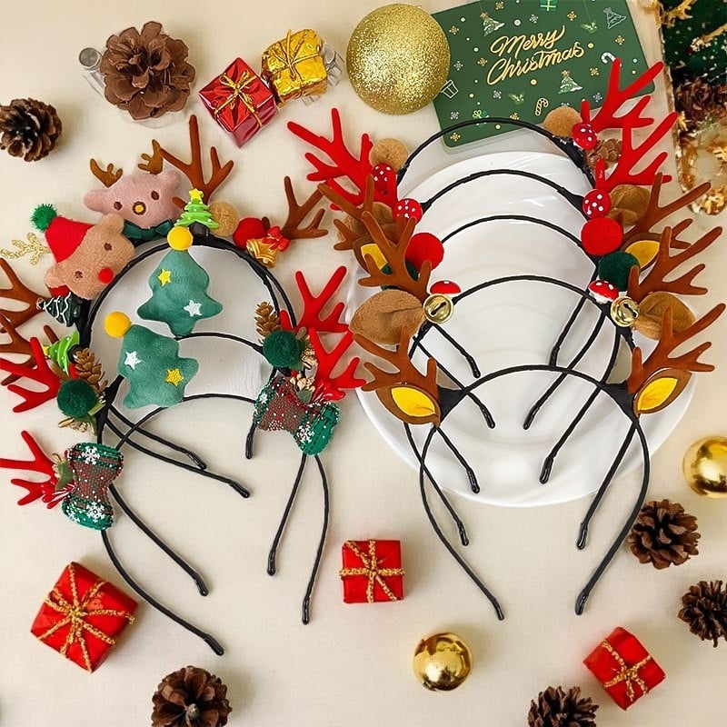 Korejiešu stila pūkains roku darbs galvas rotai ar titāna sakausējuma ielikumu, matu lente ar briežu ragiem un zvaniņu