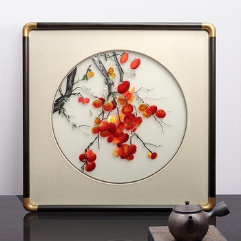 Roku darīta sienas glezna ar ainavu, ziediem un putniem (materiāls: zīds; stils: vispārīgs mērķis; telpa: viesistaba)