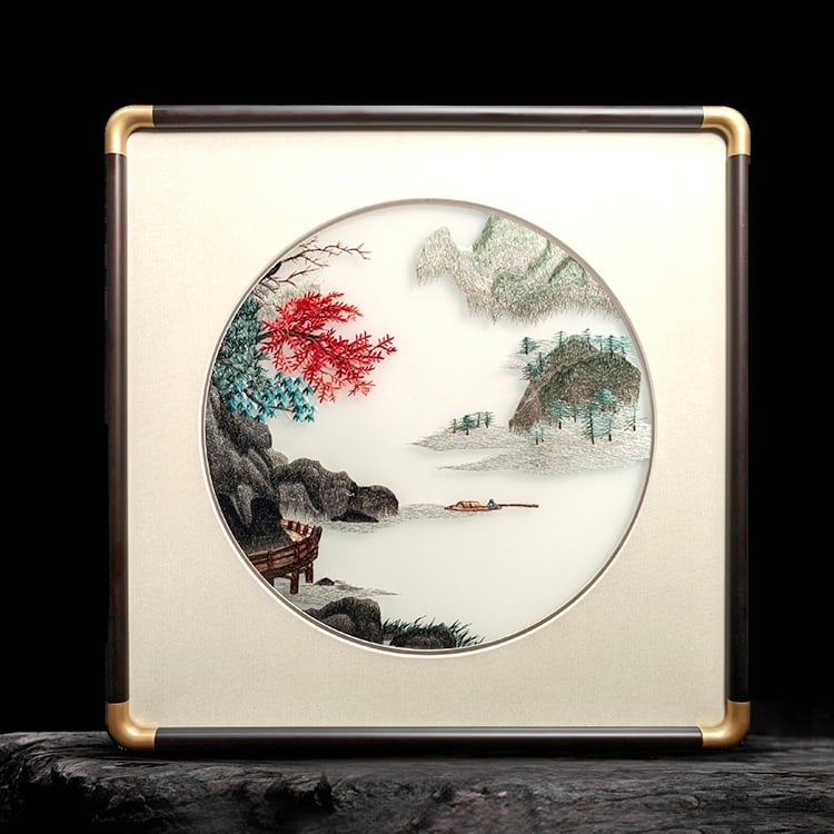 Roku darīta sienas glezna ar ainavu, ziediem un putniem (materiāls: zīds; stils: vispārīgs mērķis; telpa: viesistaba)