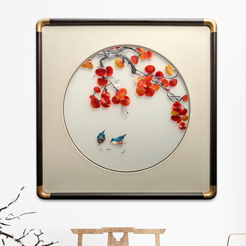 Roku darīta sienas glezna ar ainavu, ziediem un putniem (materiāls: zīds; stils: vispārīgs mērķis; telpa: viesistaba)