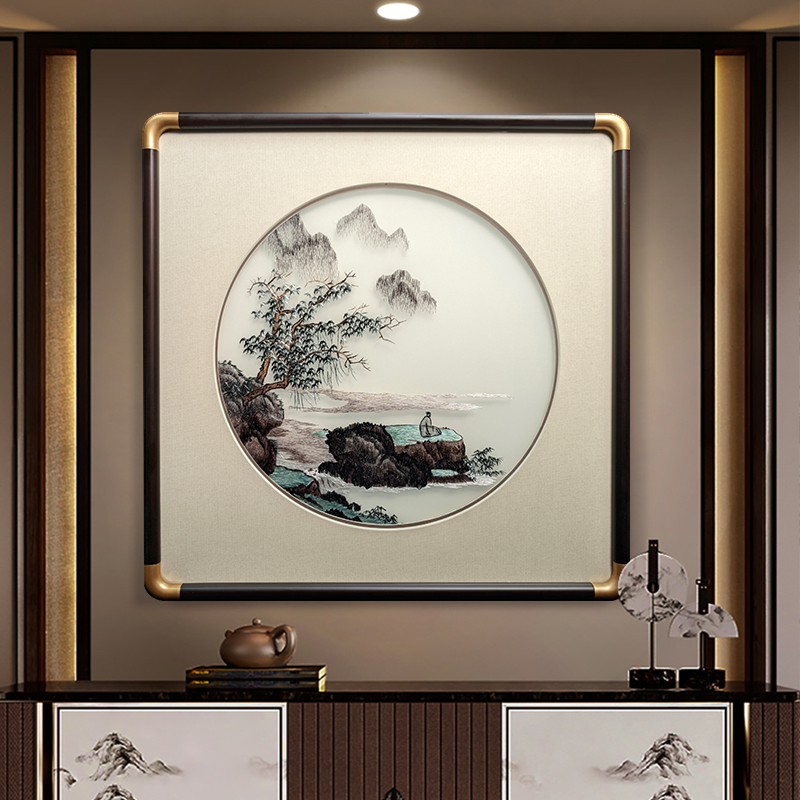 Roku darīta sienas glezna ar ainavu, ziediem un putniem (materiāls: zīds; stils: vispārīgs mērķis; telpa: viesistaba)