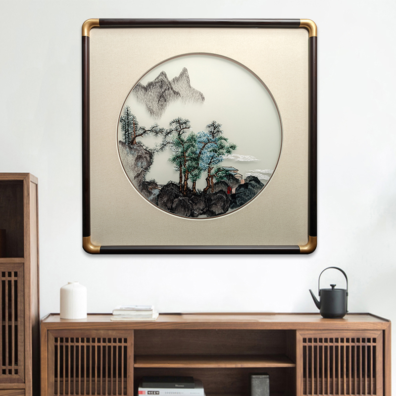 Roku darīta sienas glezna ar ainavu, ziediem un putniem (materiāls: zīds; stils: vispārīgs mērķis; telpa: viesistaba)